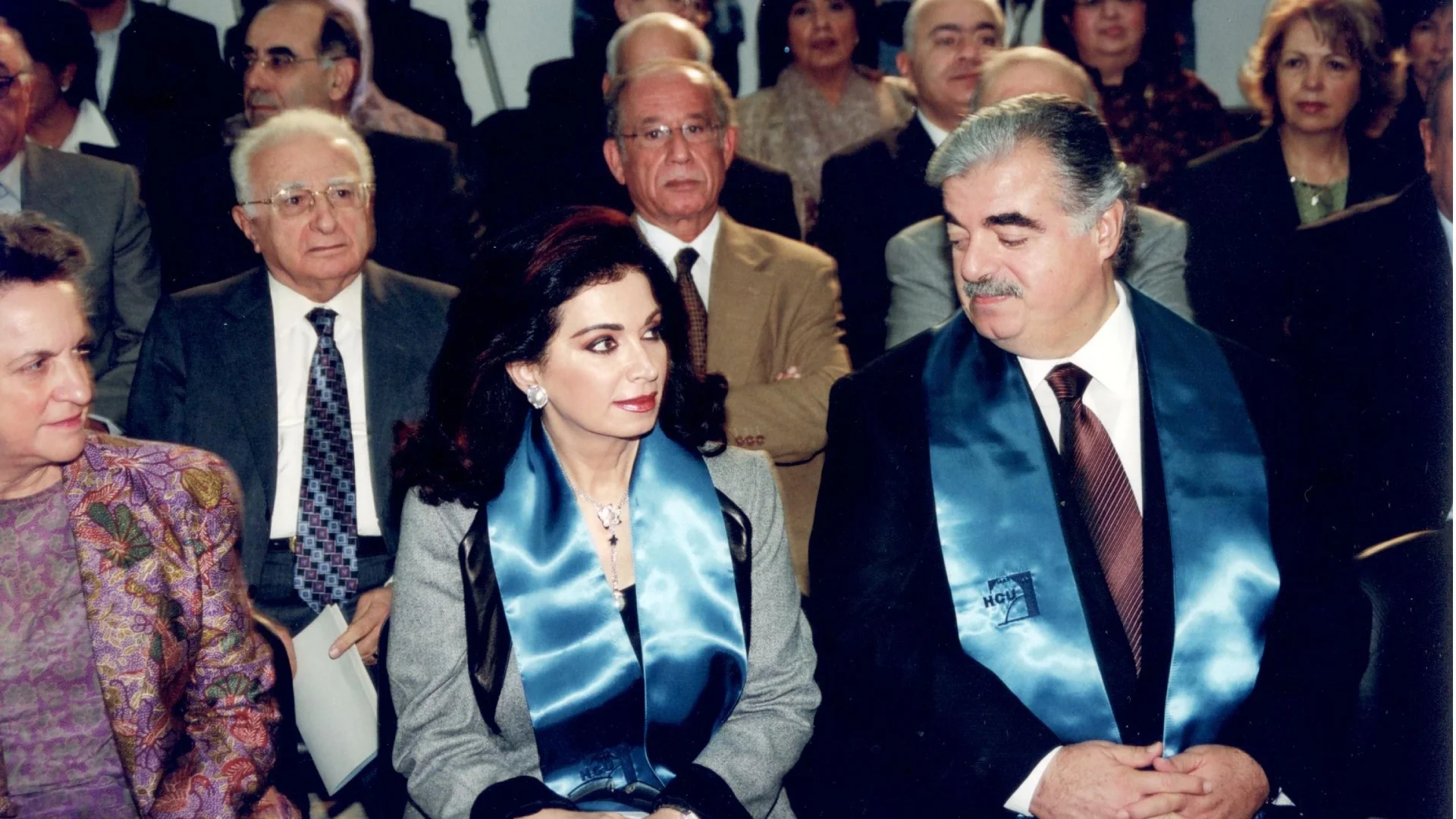 Mrs. Nazik Rafik Hariri celebrating graduating students at Rafik Hariri University in Meshref, 2003